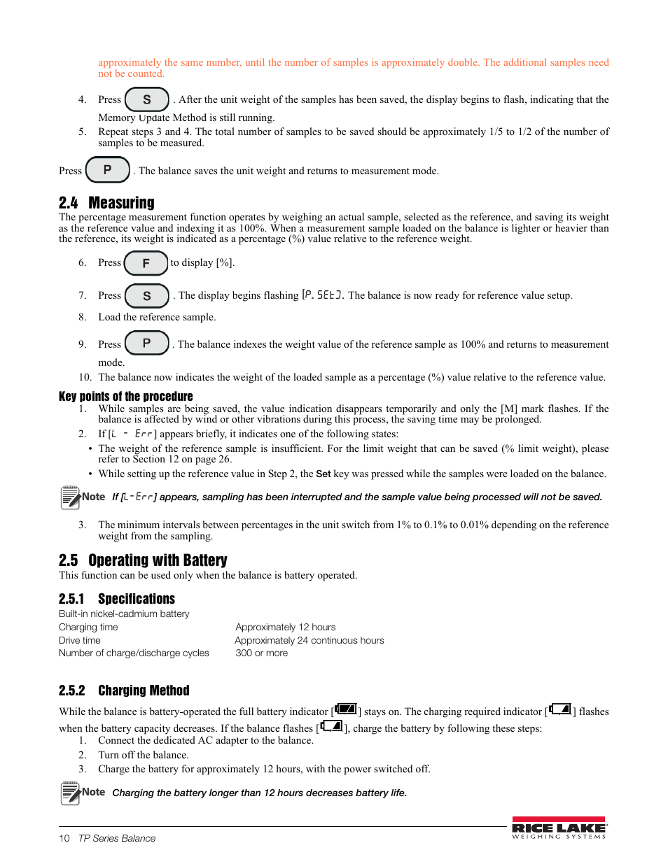 4 measuring, Pressto display, Load the reference sample | Key points of the procedure, 5 operating with battery, 1 specifications, 2 charging method, Connect the dedicated ac adapter to the balance, Turn off the balance | Rice Lake TP Series, Rice Lake Weighing Systems - Balance Manual User Manual | Page 14 / 36