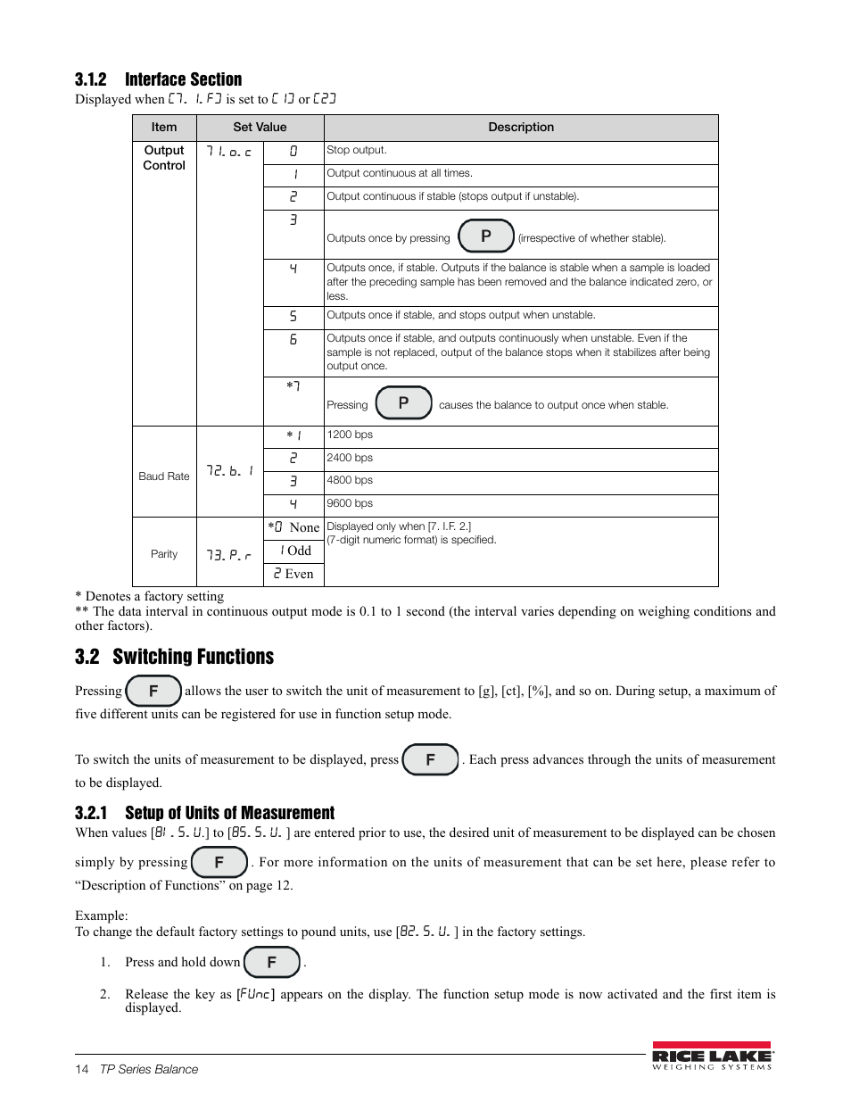 2 interface section, 2 switching functions, 1 setup of units of measurement | Press and hold down | Rice Lake TP Series, Rice Lake Weighing Systems - Balance Manual User Manual | Page 18 / 36