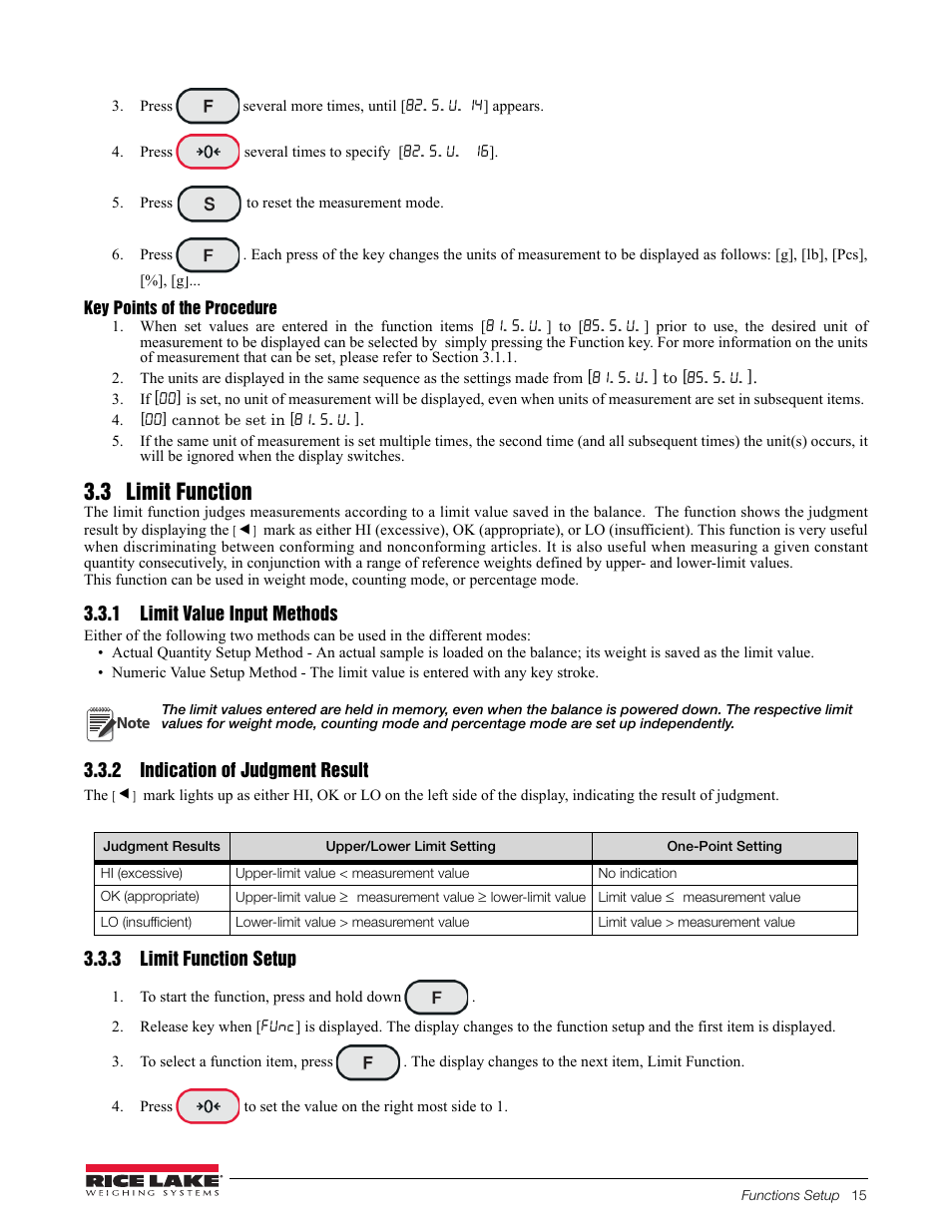 Pressseveral more times, until [82.s.u.14] appears, Pressseveral times to specify [82.s.u. 16, Pressto reset the measurement mode | Key points of the procedure, [00] cannot be set in [81.s.u, 3 limit function, 1 limit value input methods, 2 indication of judgment result, 3 limit function setup, To start the function, press and hold down | Rice Lake TP Series, Rice Lake Weighing Systems - Balance Manual User Manual | Page 19 / 36
