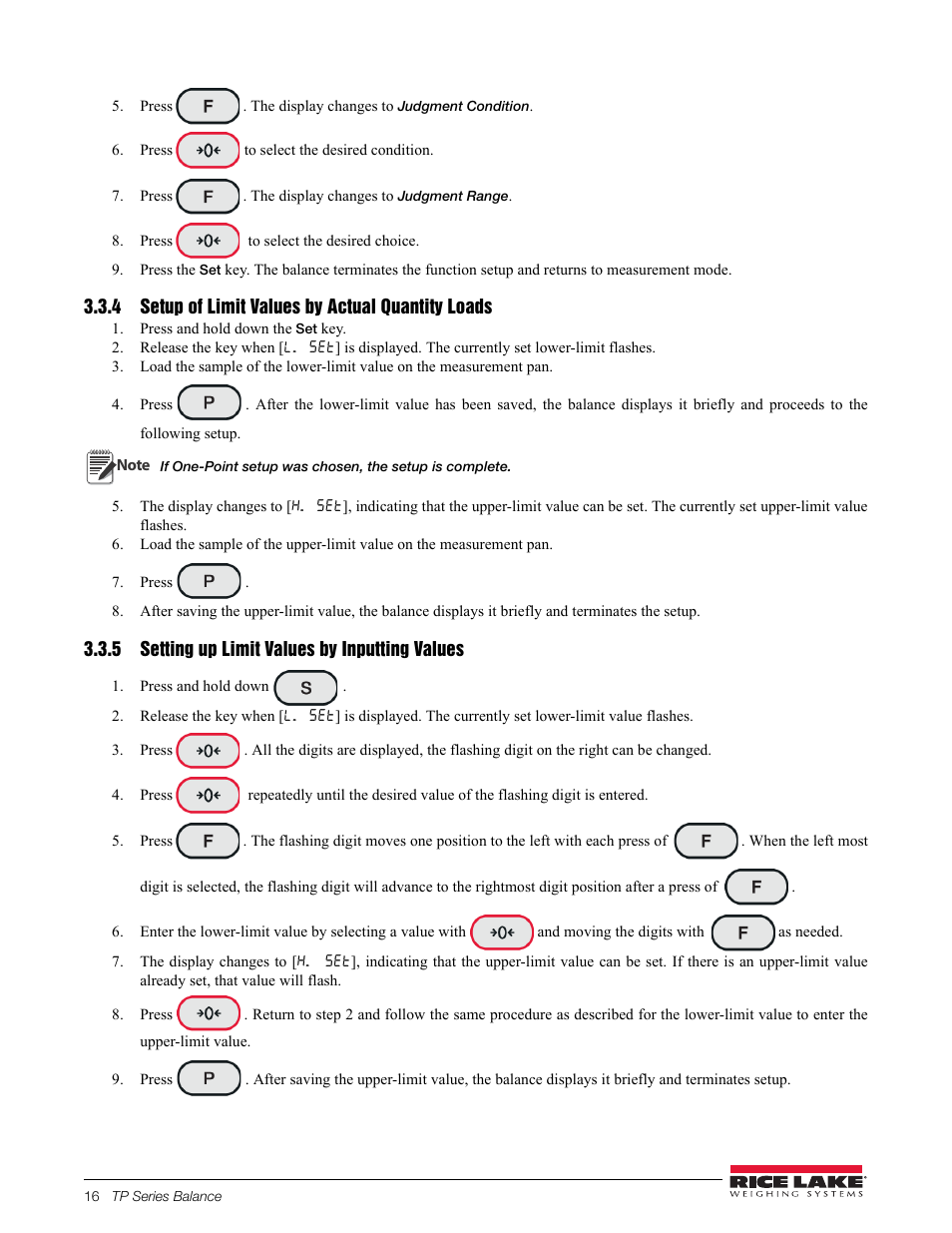 Press. the display changes to judgment condition, Pressto select the desired condition, Press. the display changes to judgment range | Press to select the desired choice, 4 setup of limit values by actual quantity loads, Press and hold down the set key, Press, 5 setting up limit values by inputting values, Press and hold down | Rice Lake TP Series, Rice Lake Weighing Systems - Balance Manual User Manual | Page 20 / 36