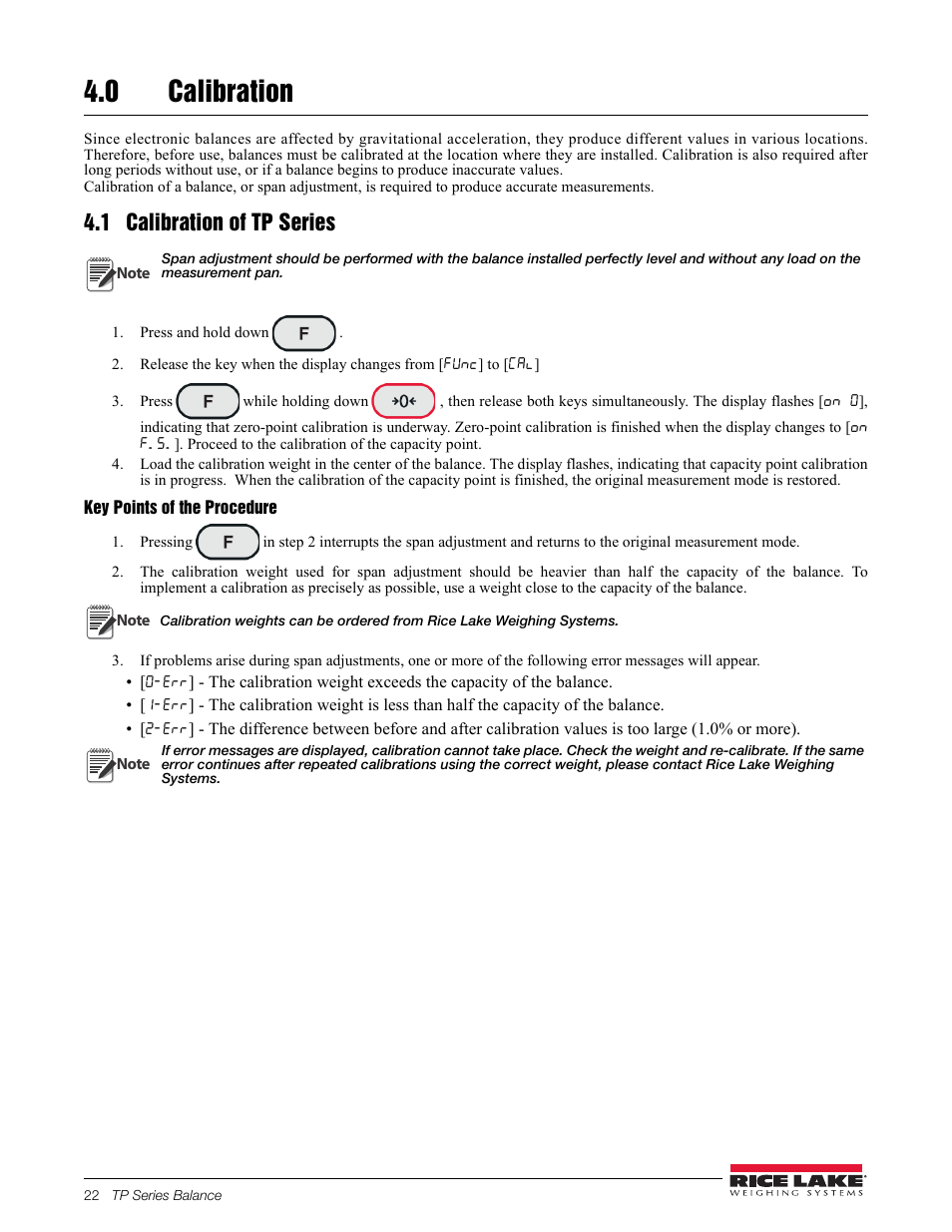 0 calibration, 1 calibration of tp series, Press and hold down | Key points of the procedure | Rice Lake TP Series, Rice Lake Weighing Systems - Balance Manual User Manual | Page 26 / 36