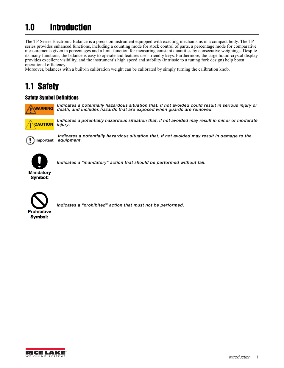 0 introduction, 1 safety, Safety symbol definitions | Rice Lake TP Series, Rice Lake Weighing Systems - Balance Manual User Manual | Page 5 / 36