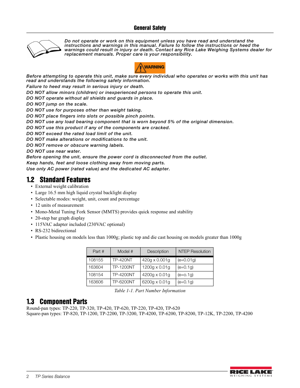 General safety, 2 standard features, Table 1-1. part number information | 3 component parts | Rice Lake TP Series, Rice Lake Weighing Systems - Balance Manual User Manual | Page 6 / 36