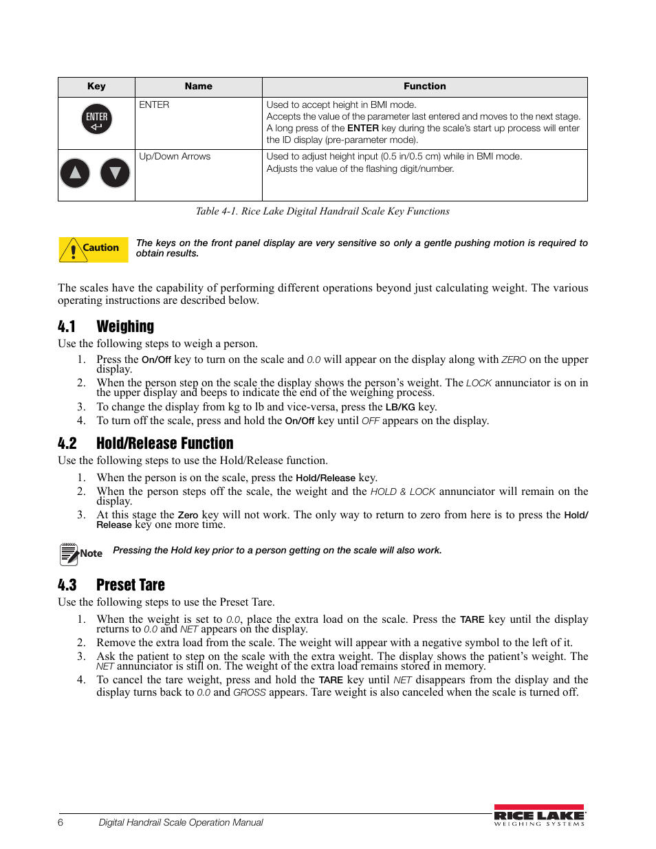 1 weighing, 2 hold/release function, 3 preset tare | Rice Lake Bariatric Handrail (250-10-2) - Rice Lake Digital Handrail Scale Operation Instructions User Manual | Page 10 / 22