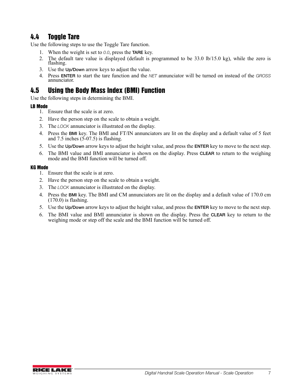 4 toggle tare, 5 using the body mass index (bmi) function | Rice Lake Bariatric Handrail (250-10-2) - Rice Lake Digital Handrail Scale Operation Instructions User Manual | Page 11 / 22