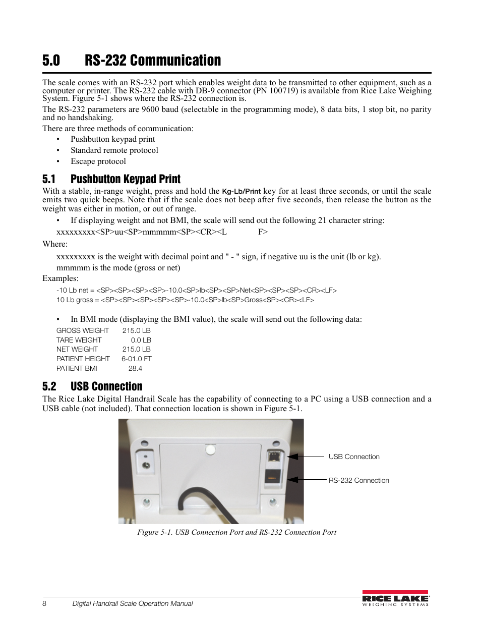 0 rs-232 communication, 1 pushbutton keypad print, 2 usb connection | Rice Lake Bariatric Handrail (250-10-2) - Rice Lake Digital Handrail Scale Operation Instructions User Manual | Page 12 / 22