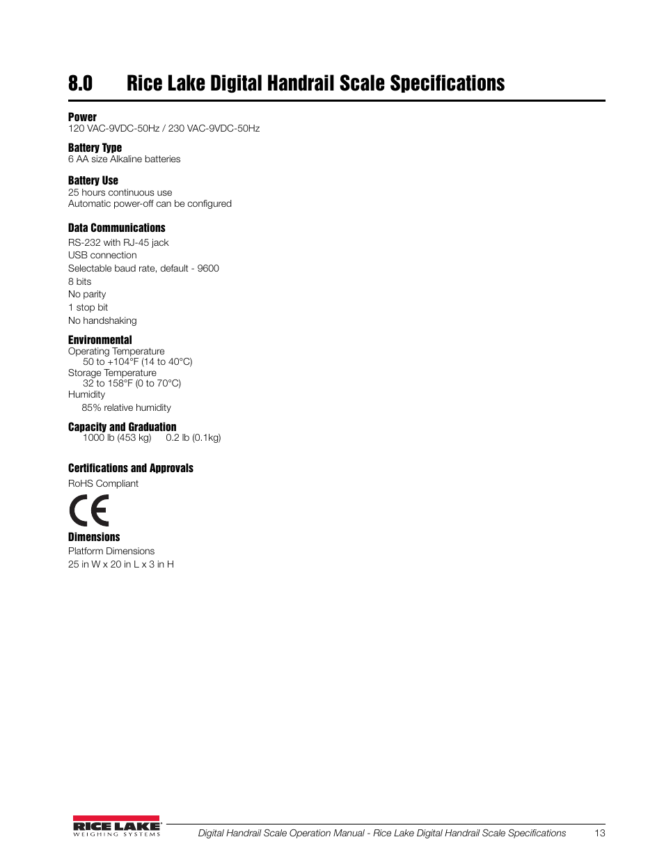 0 rice lake digital handrail scale specifications | Rice Lake Bariatric Handrail (250-10-2) - Rice Lake Digital Handrail Scale Operation Instructions User Manual | Page 17 / 22