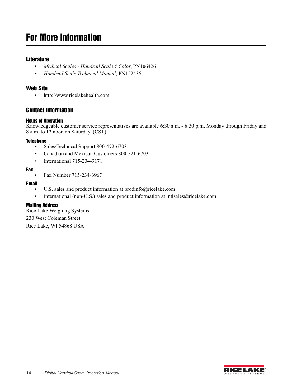 For more information | Rice Lake Bariatric Handrail (250-10-2) - Rice Lake Digital Handrail Scale Operation Instructions User Manual | Page 18 / 22