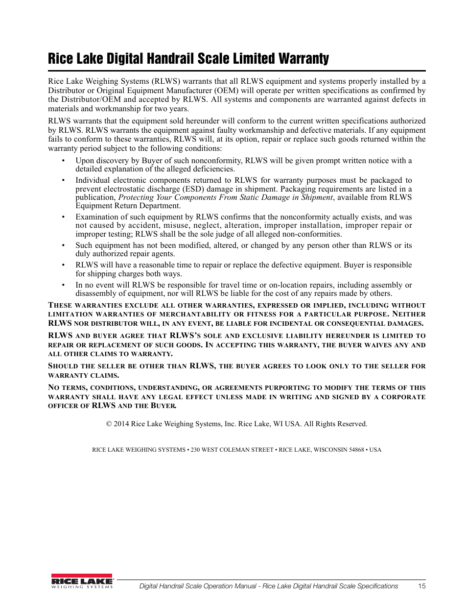 Rice lake digital handrail scale limited warranty | Rice Lake Bariatric Handrail (250-10-2) - Rice Lake Digital Handrail Scale Operation Instructions User Manual | Page 19 / 22