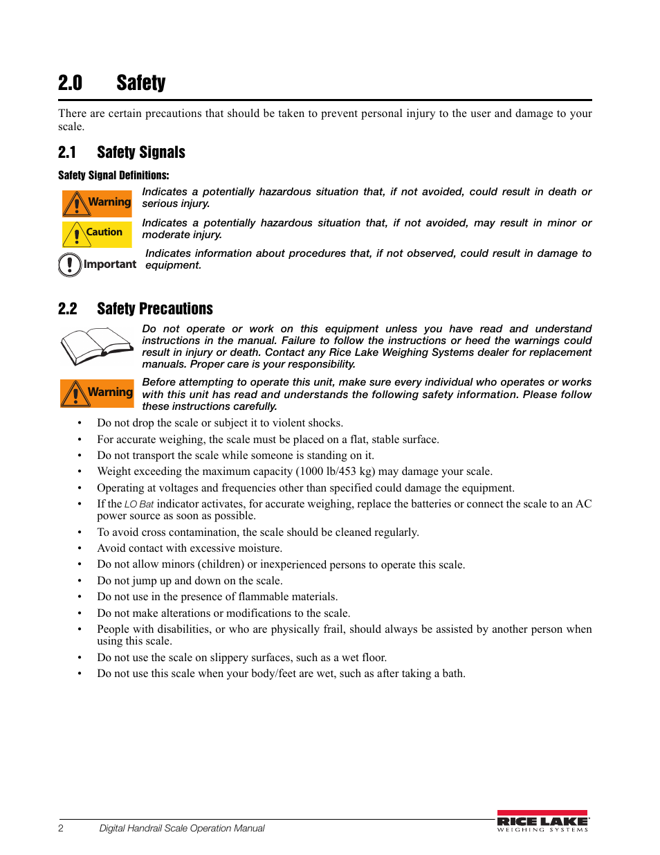 0 safety, 1 safety signals, 2 safety precautions | Rice Lake Bariatric Handrail (250-10-2) - Rice Lake Digital Handrail Scale Operation Instructions User Manual | Page 6 / 22