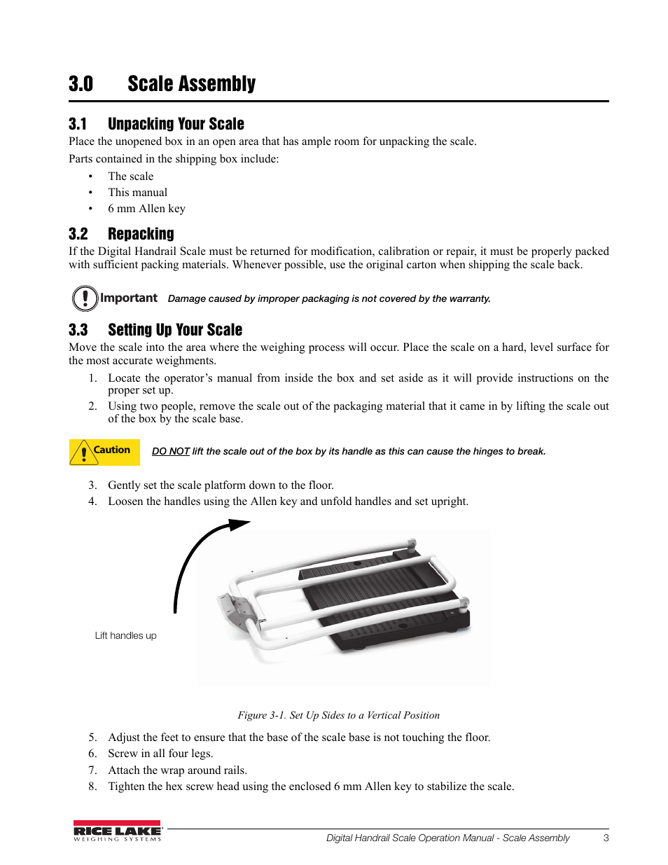 0 scale assembly, 1 unpacking your scale, 2 repacking | 3 setting up your scale | Rice Lake Bariatric Handrail (250-10-2) - Rice Lake Digital Handrail Scale Operation Instructions User Manual | Page 7 / 22