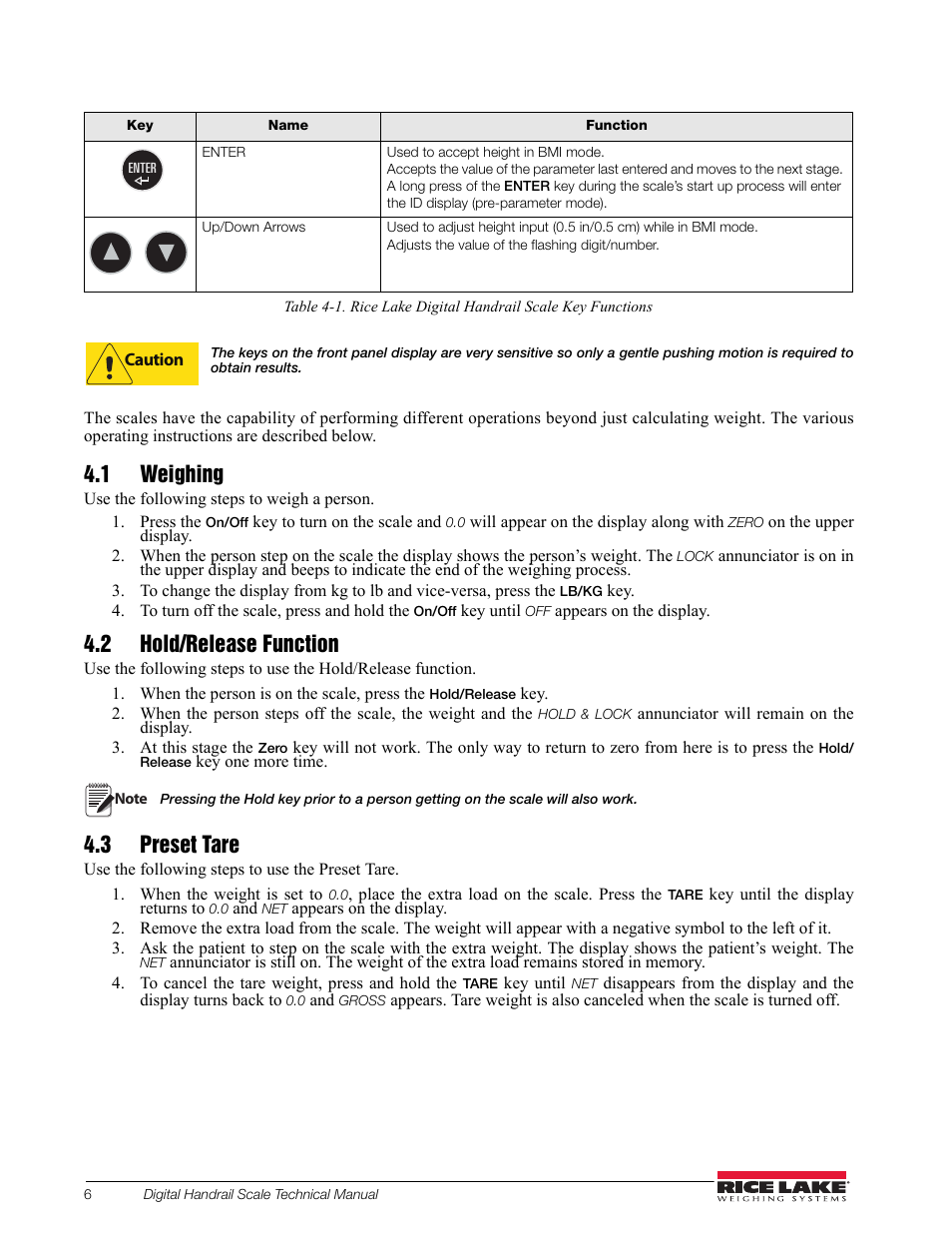 1 weighing, 2 hold/release function, 3 preset tare | Rice Lake Bariatric Handrail (250-10-2) - Rice Lake Digital Handrail Scale Technical Instructions User Manual | Page 10 / 32