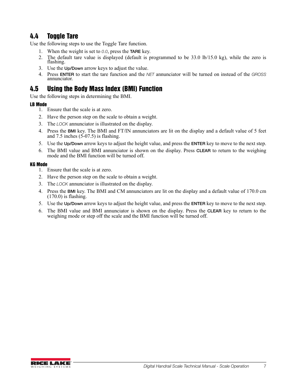 4 toggle tare, 5 using the body mass index (bmi) function | Rice Lake Bariatric Handrail (250-10-2) - Rice Lake Digital Handrail Scale Technical Instructions User Manual | Page 11 / 32