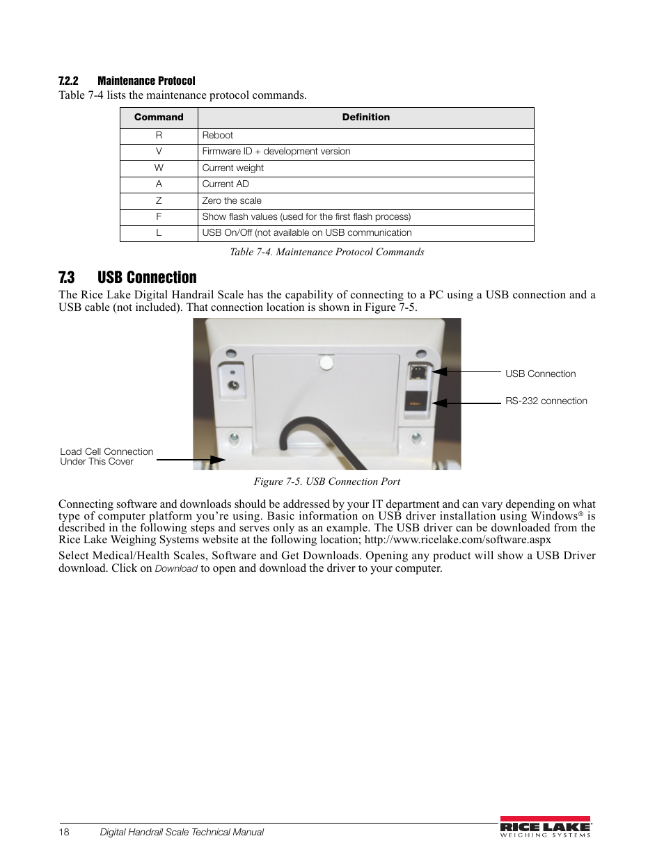 2 maintenance protocol, 3 usb connection | Rice Lake Bariatric Handrail (250-10-2) - Rice Lake Digital Handrail Scale Technical Instructions User Manual | Page 22 / 32