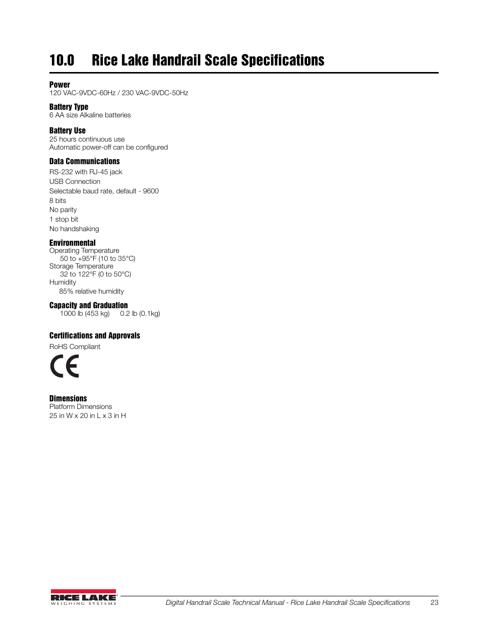 0 rice lake handrail scale specifications | Rice Lake Bariatric Handrail (250-10-2) - Rice Lake Digital Handrail Scale Technical Instructions User Manual | Page 27 / 32