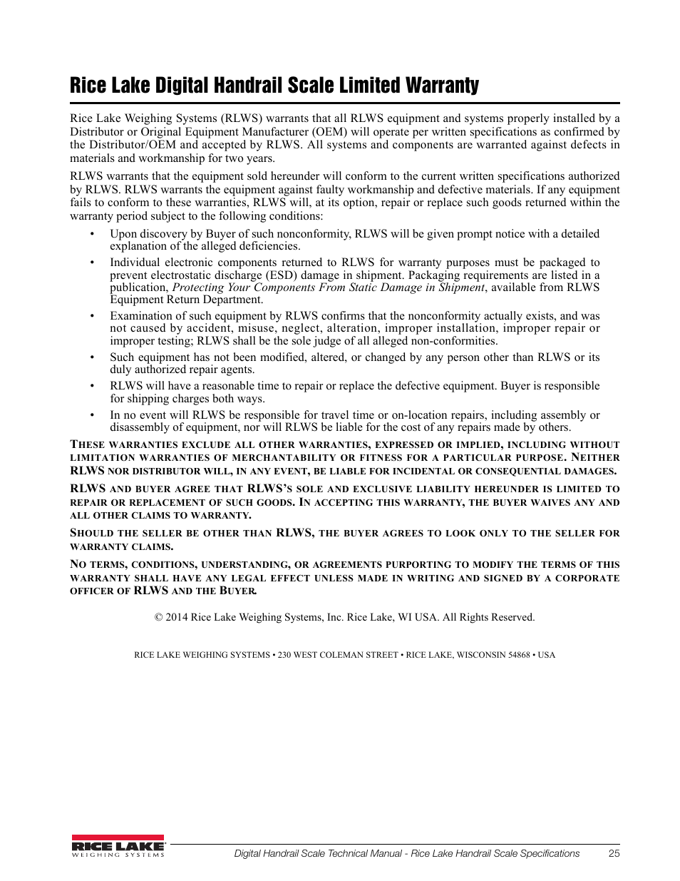 Rice lake digital handrail scale limited warranty | Rice Lake Bariatric Handrail (250-10-2) - Rice Lake Digital Handrail Scale Technical Instructions User Manual | Page 29 / 32