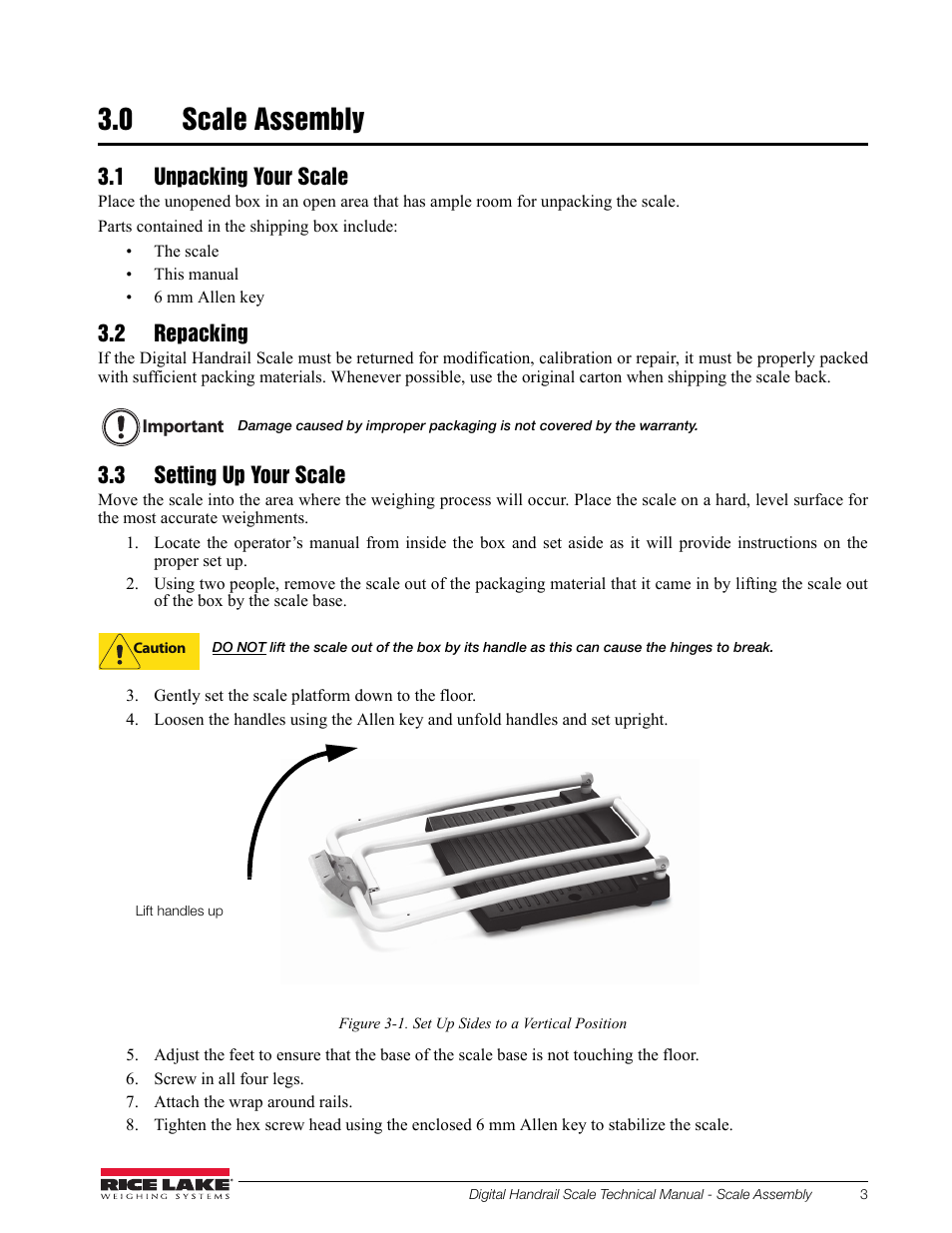 0 scale assembly, 1 unpacking your scale, 2 repacking | 3 setting up your scale | Rice Lake Bariatric Handrail (250-10-2) - Rice Lake Digital Handrail Scale Technical Instructions User Manual | Page 7 / 32