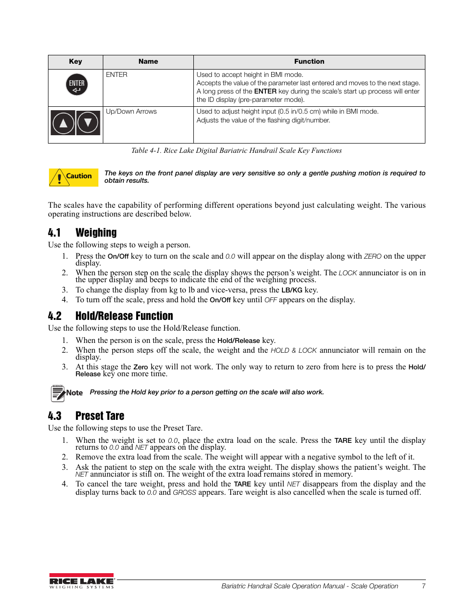 1 weighing, 2 hold/release function, 3 preset tare | Rice Lake Bariatric Handrail with Chair Seat (250-10-4) - Operation Instructions User Manual | Page 11 / 22