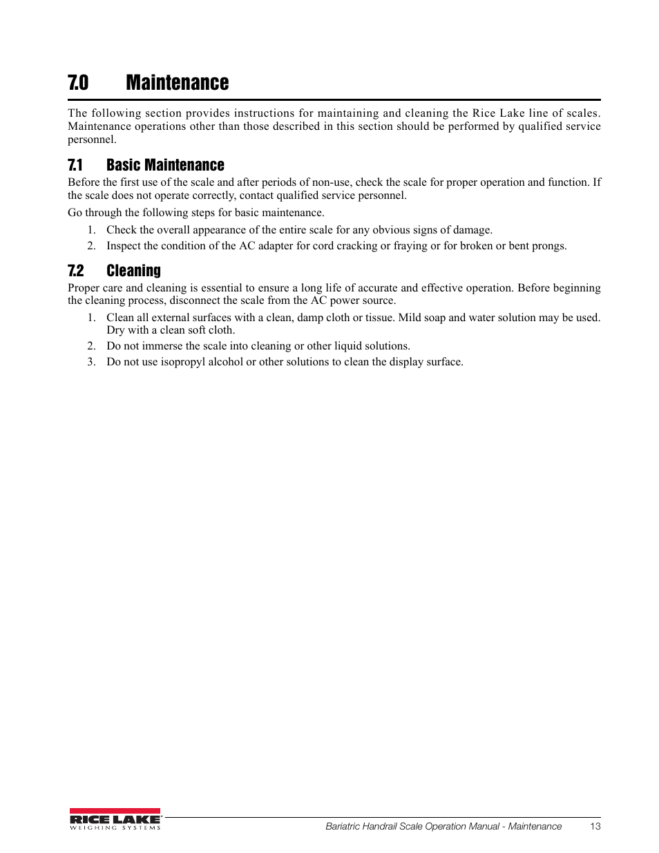 0 maintenance, 1 basic maintenance, 2 cleaning | Maintenance, 1 basic maintenance 7.2 cleaning | Rice Lake Bariatric Handrail with Chair Seat (250-10-4) - Operation Instructions User Manual | Page 17 / 22