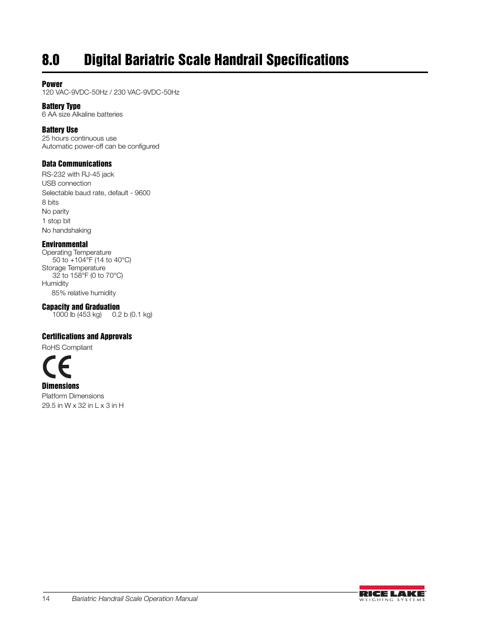 0 digital bariatric scale handrail specifications, Digital bariatric scale handrail specifications | Rice Lake Bariatric Handrail with Chair Seat (250-10-4) - Operation Instructions User Manual | Page 18 / 22