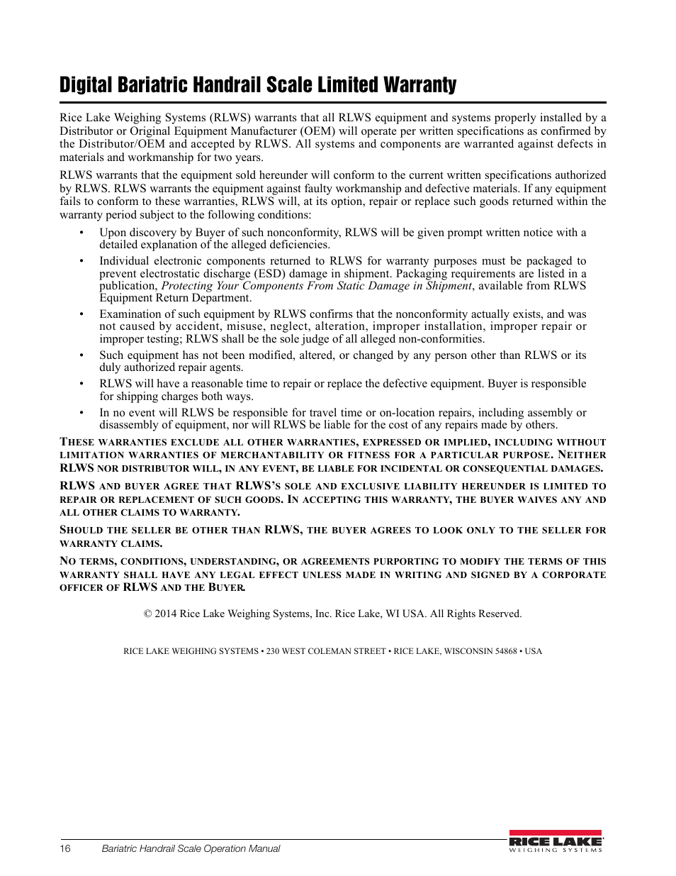 Digital bariatric handrail scale limited warranty | Rice Lake Bariatric Handrail with Chair Seat (250-10-4) - Operation Instructions User Manual | Page 20 / 22