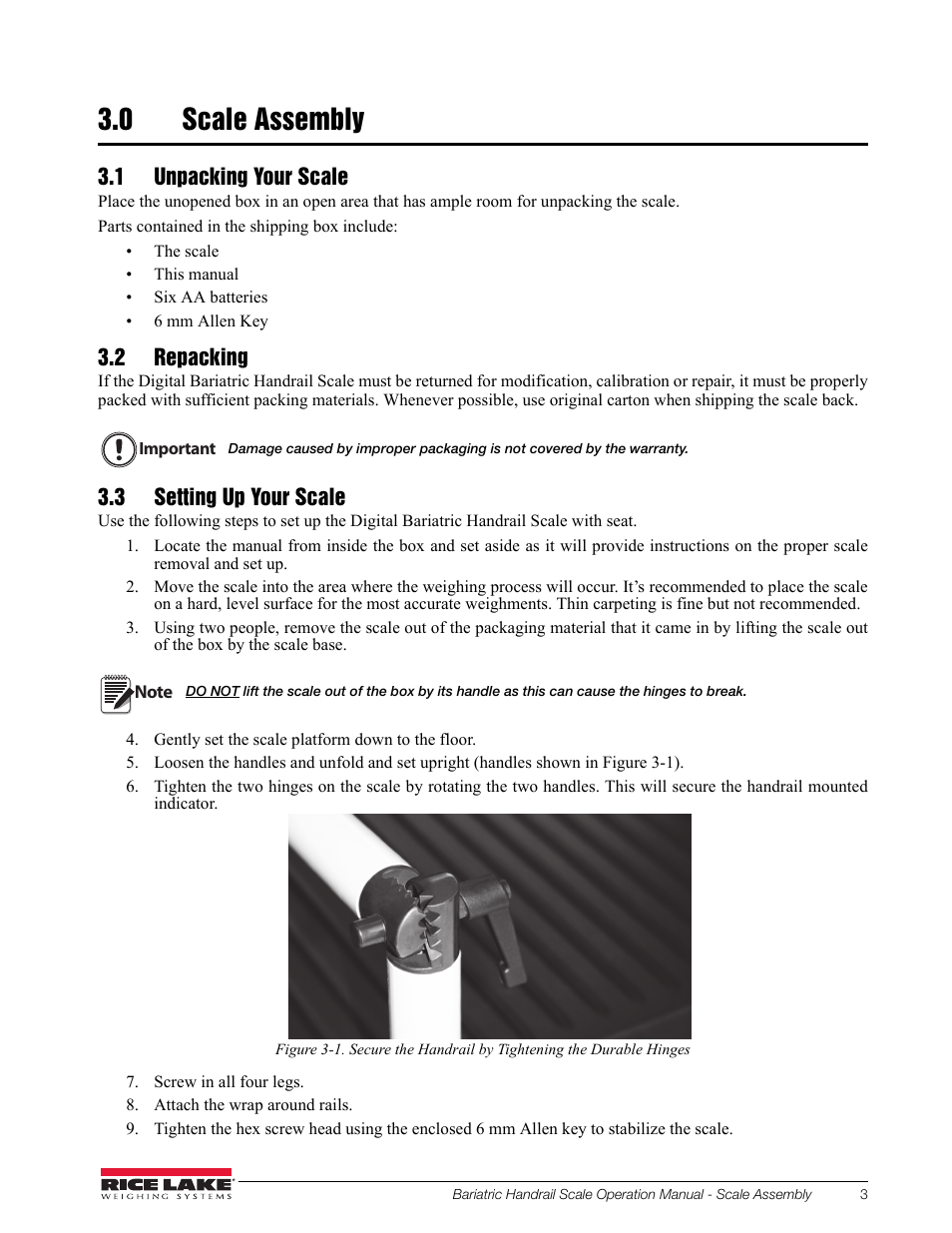 0 scale assembly, 1 unpacking your scale, 2 repacking | 3 setting up your scale, Scale assembly | Rice Lake Bariatric Handrail with Chair Seat (250-10-4) - Operation Instructions User Manual | Page 7 / 22