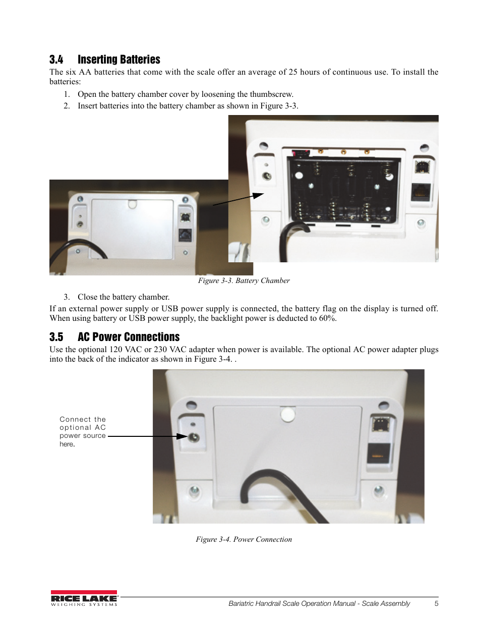 4 inserting batteries, 5 ac power connections, 4 inserting batteries 3.5 ac power connections | Rice Lake Bariatric Handrail with Chair Seat (250-10-4) - Operation Instructions User Manual | Page 9 / 22