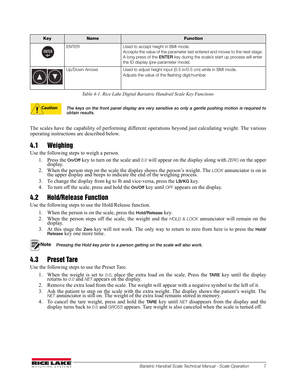 1 weighing, 2 hold/release function, 3 preset tare | Rice Lake Bariatric Handrail with Chair Seat (250-10-4) - Technical Instructions User Manual | Page 11 / 32