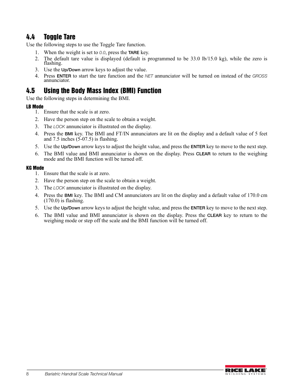 4 toggle tare, 5 using the body mass index (bmi) function | Rice Lake Bariatric Handrail with Chair Seat (250-10-4) - Technical Instructions User Manual | Page 12 / 32