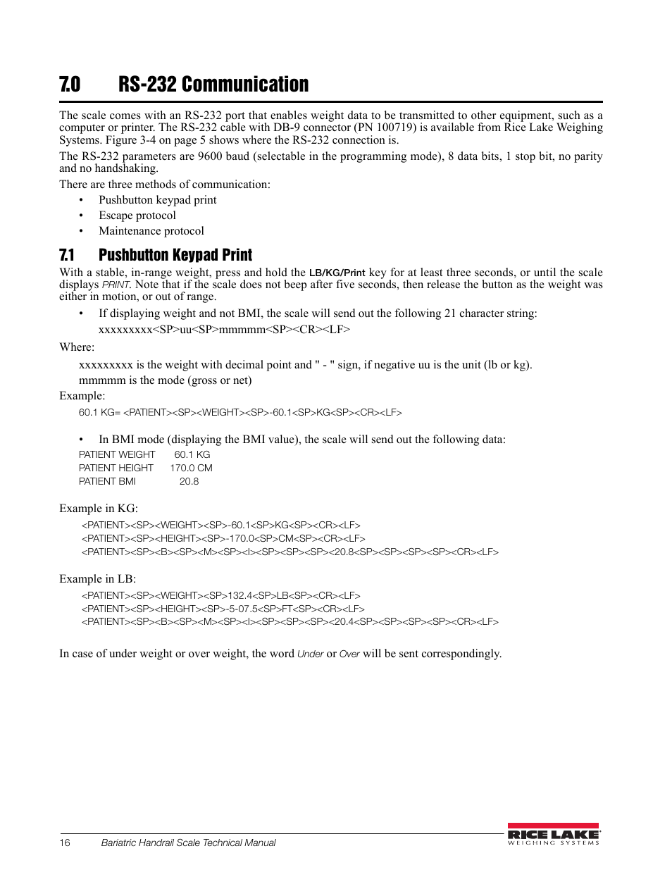 0 rs-232 communication, 1 pushbutton keypad print | Rice Lake Bariatric Handrail with Chair Seat (250-10-4) - Technical Instructions User Manual | Page 20 / 32