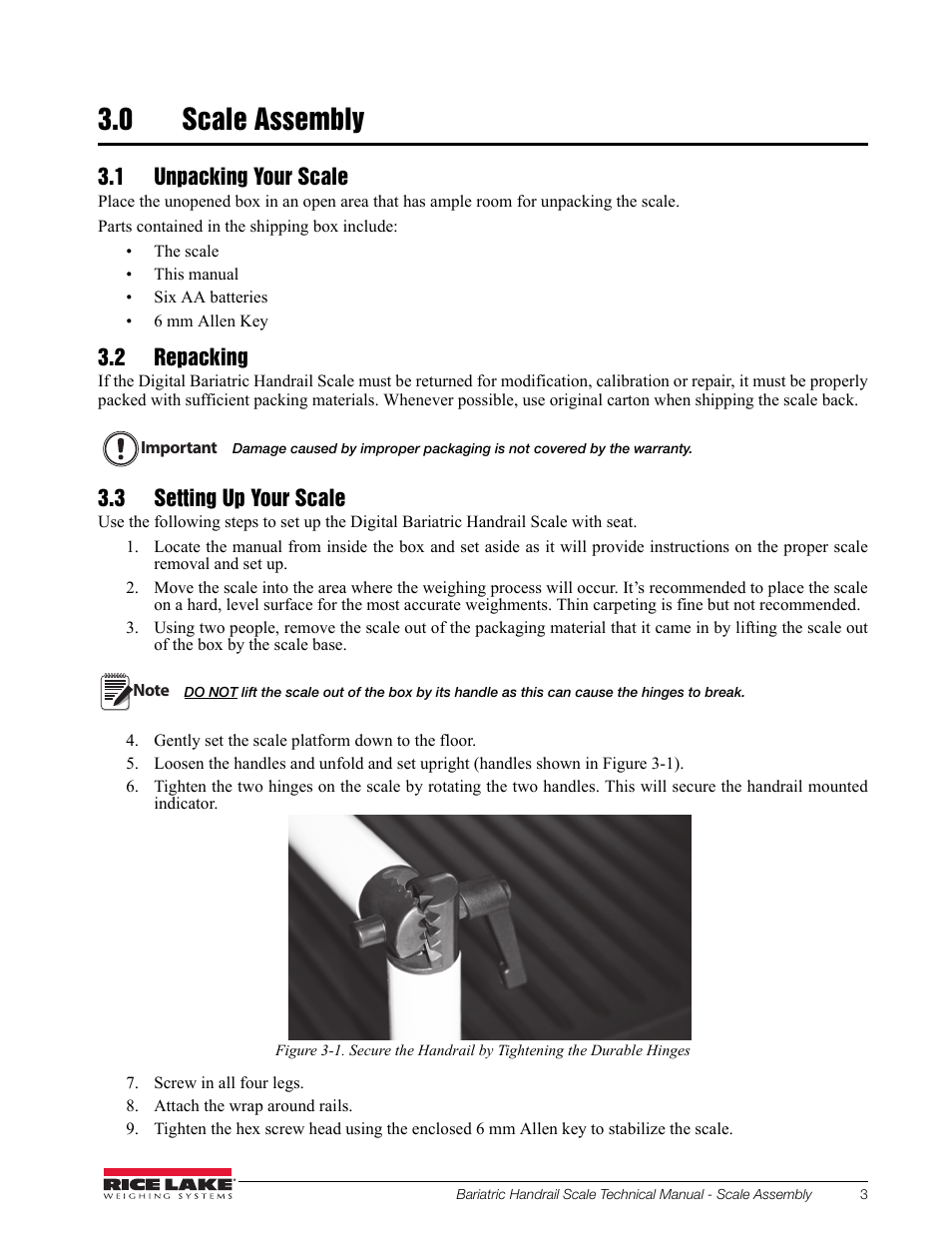 0 scale assembly, 1 unpacking your scale, 2 repacking | 3 setting up your scale | Rice Lake Bariatric Handrail with Chair Seat (250-10-4) - Technical Instructions User Manual | Page 7 / 32