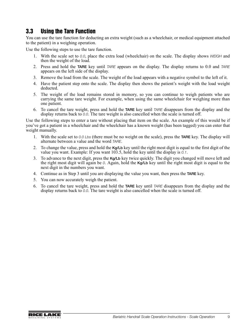 3 using the tare function | Rice Lake Bariatric/Handrail with Chair Seat (240-10-1) User Manual | Page 13 / 20