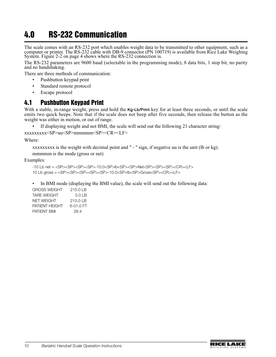 0 rs-232 communication, 1 pushbutton keypad print | Rice Lake Bariatric/Handrail with Chair Seat (240-10-1) User Manual | Page 14 / 20