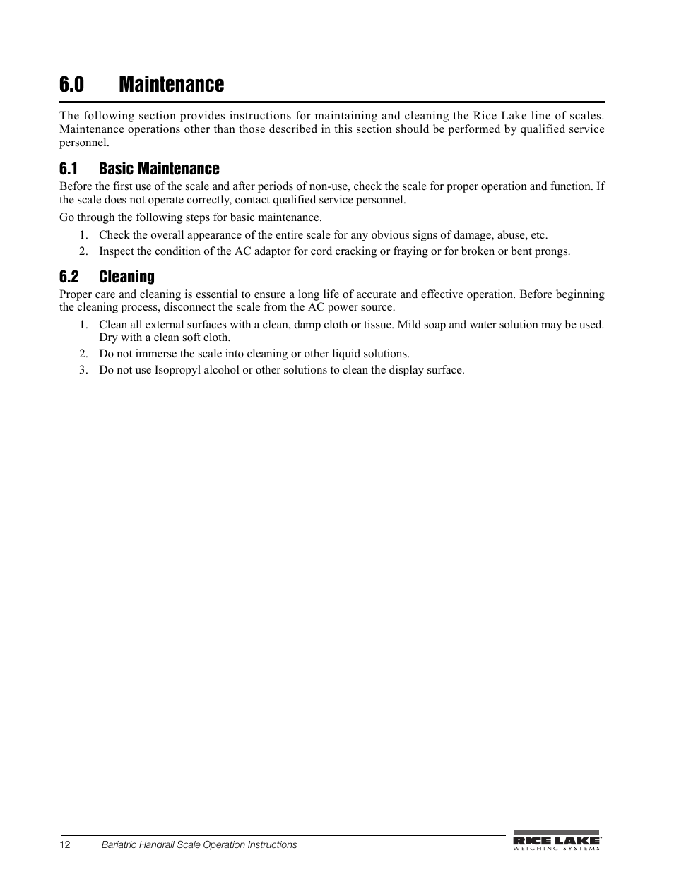 0 maintenance, 1 basic maintenance, 2 cleaning | Rice Lake Bariatric/Handrail with Chair Seat (240-10-1) User Manual | Page 16 / 20