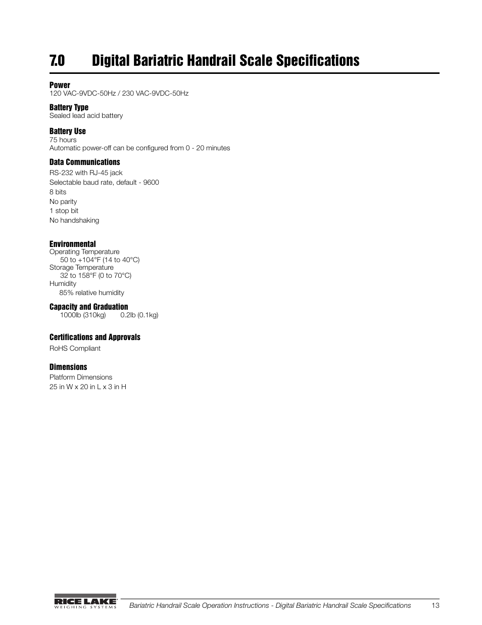 0 digital bariatric handrail scale specifications | Rice Lake Bariatric/Handrail with Chair Seat (240-10-1) User Manual | Page 17 / 20