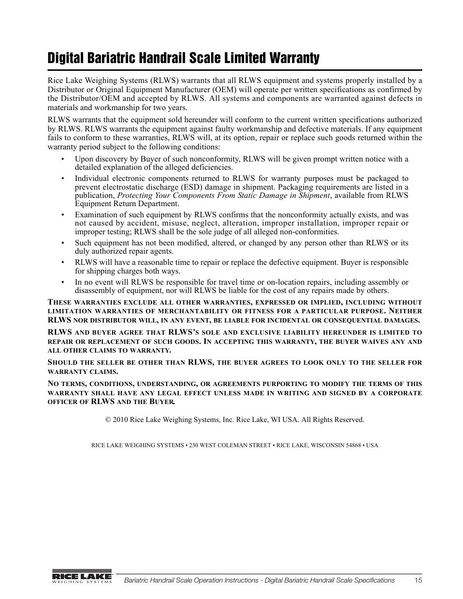 Digital bariatric handrail scale limited warranty | Rice Lake Bariatric/Handrail with Chair Seat (240-10-1) User Manual | Page 19 / 20