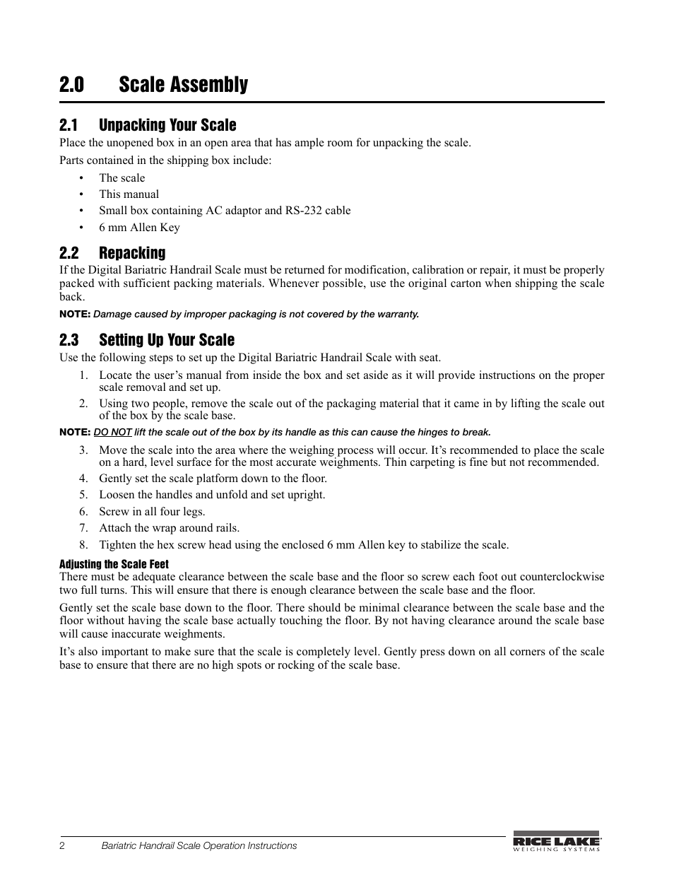 0 scale assembly, 1 unpacking your scale, 2 repacking | 3 setting up your scale | Rice Lake Bariatric/Handrail with Chair Seat (240-10-1) User Manual | Page 6 / 20