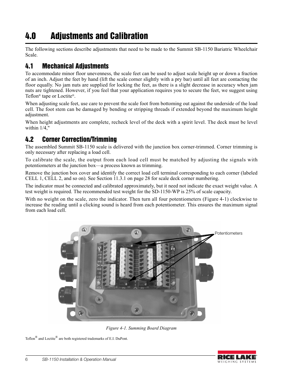 0 adjustments and calibration, 1 mechanical adjustments, 2 corner correction/trimming | Rice Lake Bariatric Wheelchair Scale (SB-1150) User Manual | Page 10 / 38