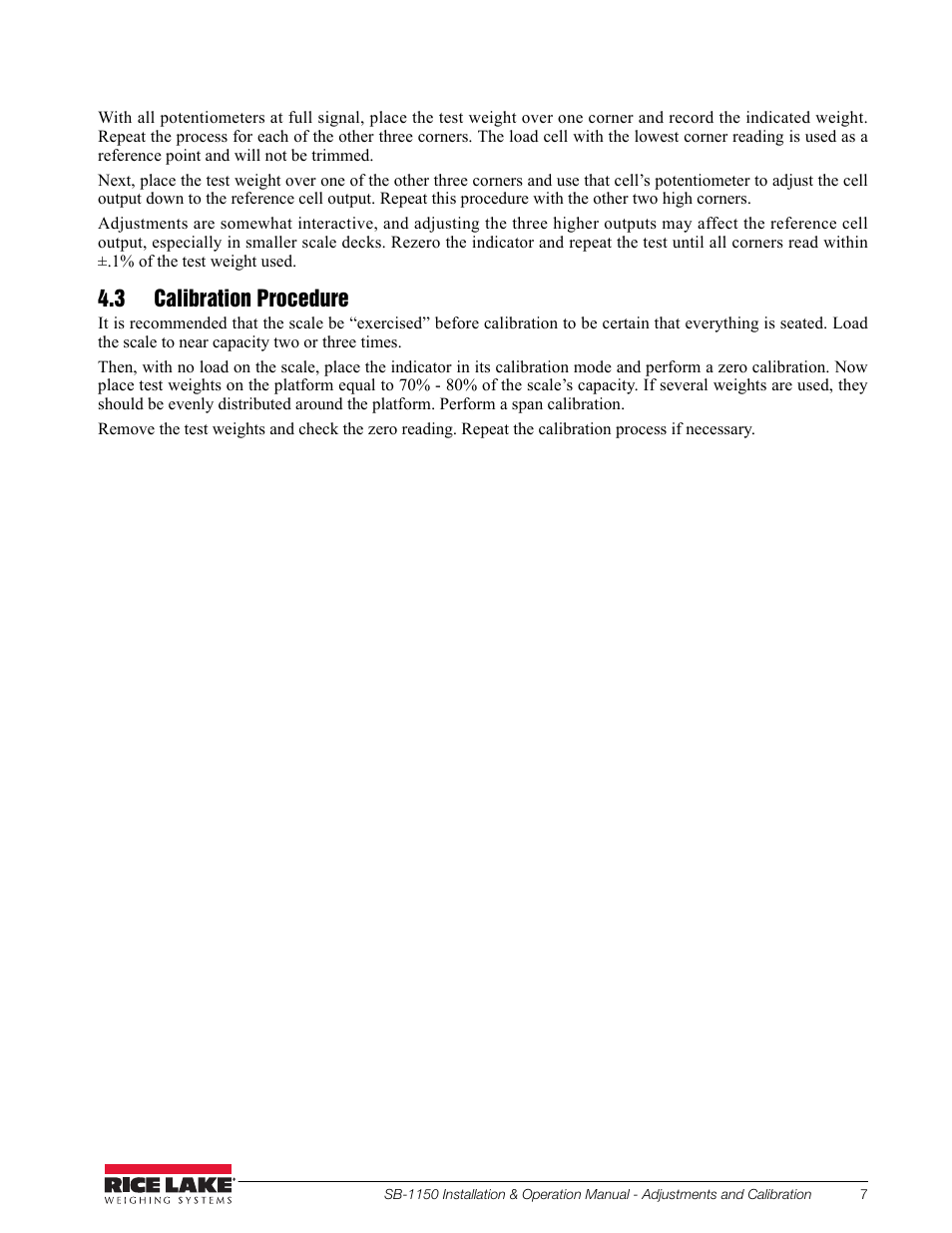 3 calibration procedure | Rice Lake Bariatric Wheelchair Scale (SB-1150) User Manual | Page 11 / 38