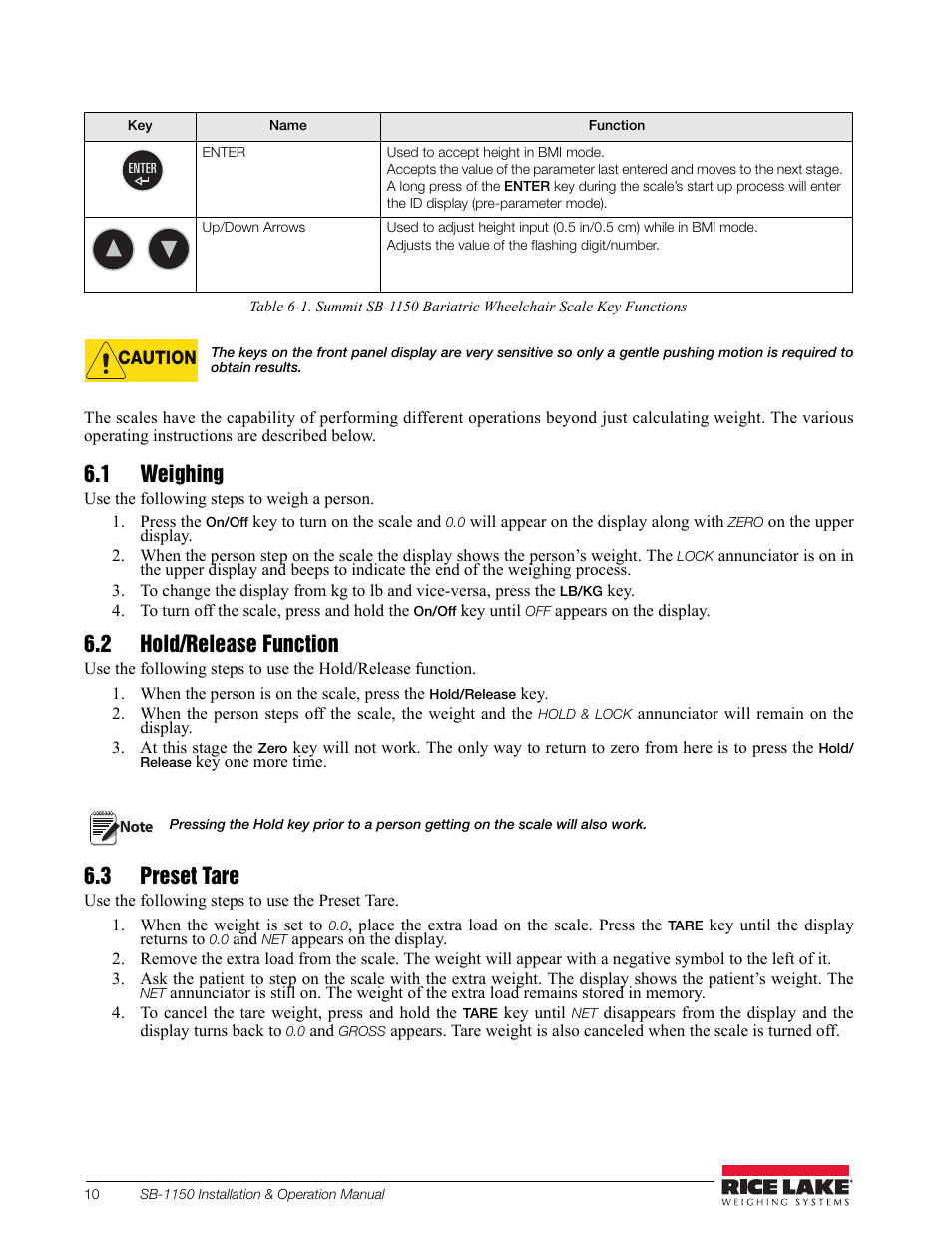 1 weighing, 2 hold/release function, 3 preset tare | Rice Lake Bariatric Wheelchair Scale (SB-1150) User Manual | Page 14 / 38