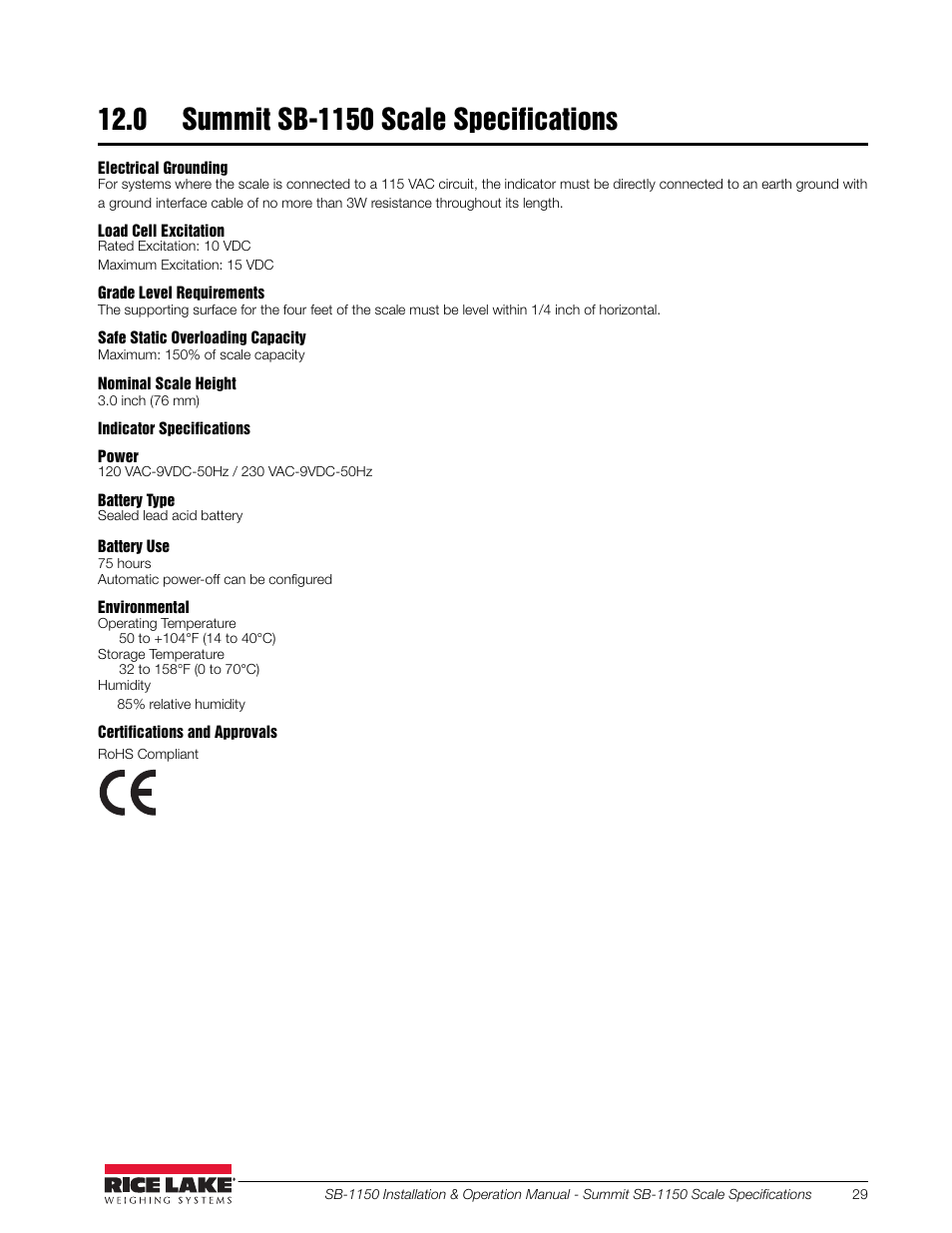 0 summit sb-1150 scale specifications | Rice Lake Bariatric Wheelchair Scale (SB-1150) User Manual | Page 33 / 38