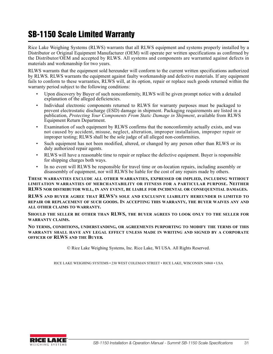 Sb-1150 scale limited warranty | Rice Lake Bariatric Wheelchair Scale (SB-1150) User Manual | Page 35 / 38