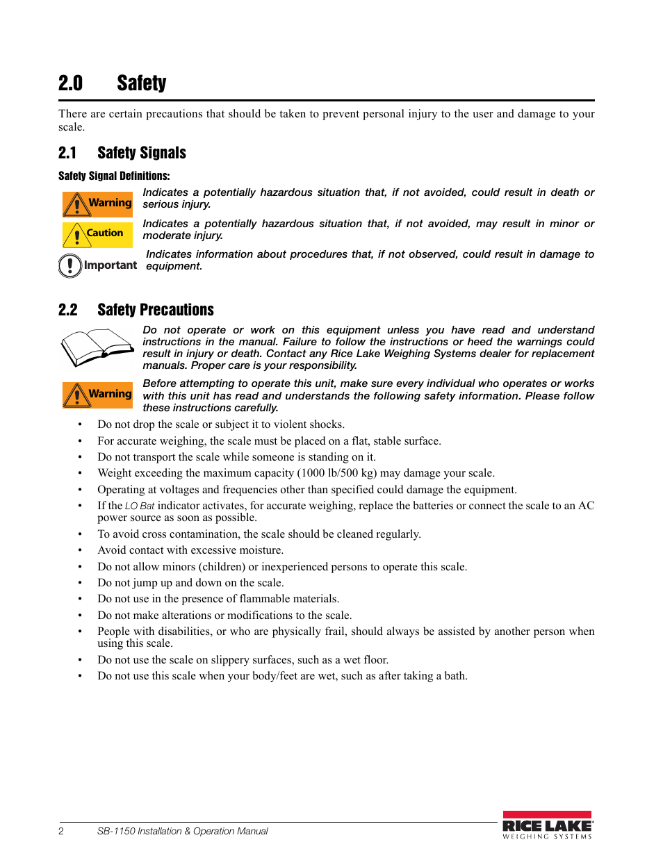 0 safety, 1 safety signals, 2 safety precautions | Rice Lake Bariatric Wheelchair Scale (SB-1150) User Manual | Page 6 / 38