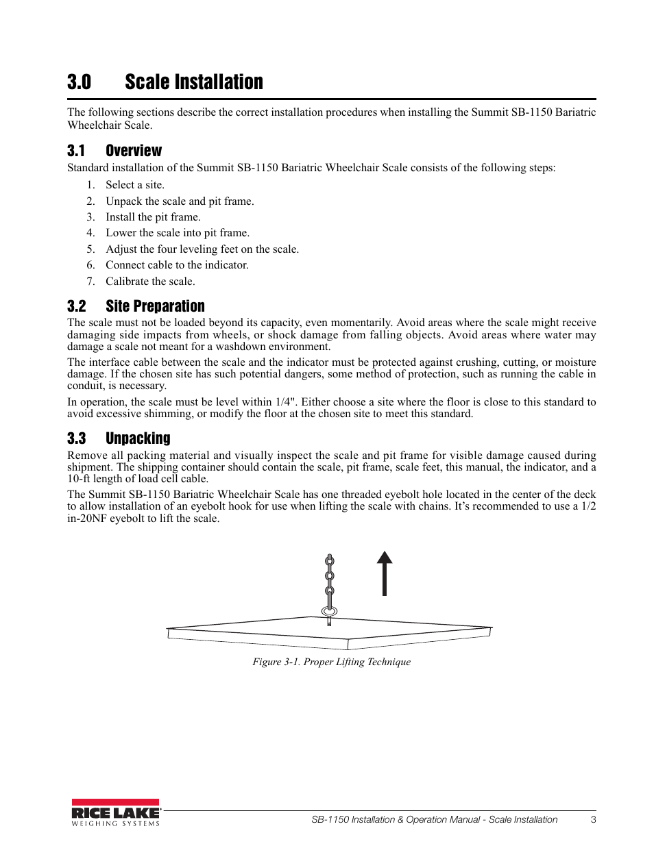 0 scale installation, 1 overview, 2 site preparation | 3 unpacking | Rice Lake Bariatric Wheelchair Scale (SB-1150) User Manual | Page 7 / 38