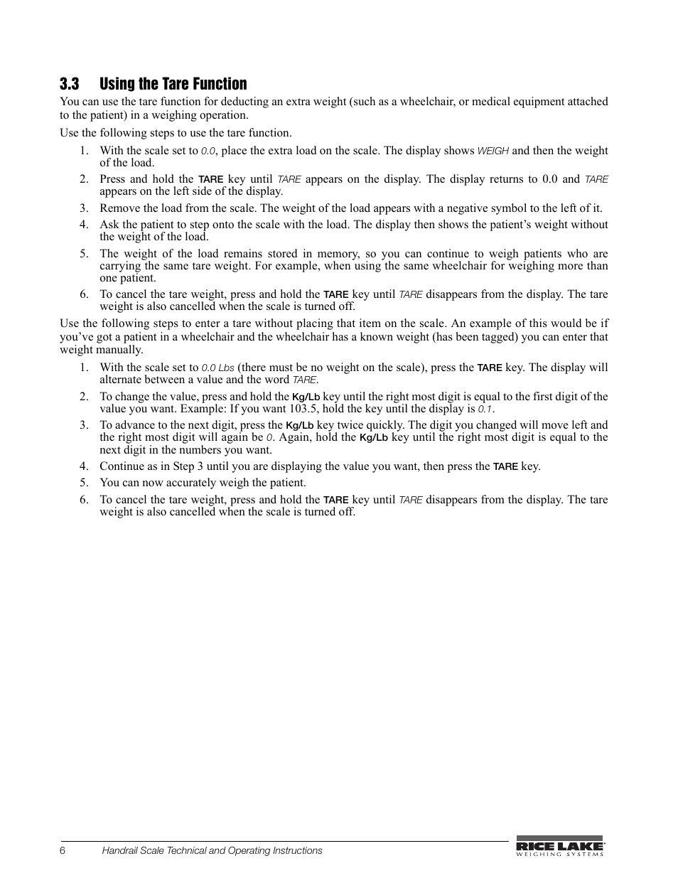 3 using the tare function | Rice Lake Bariatric/Handrail Scale (240-10) User Manual | Page 10 / 32