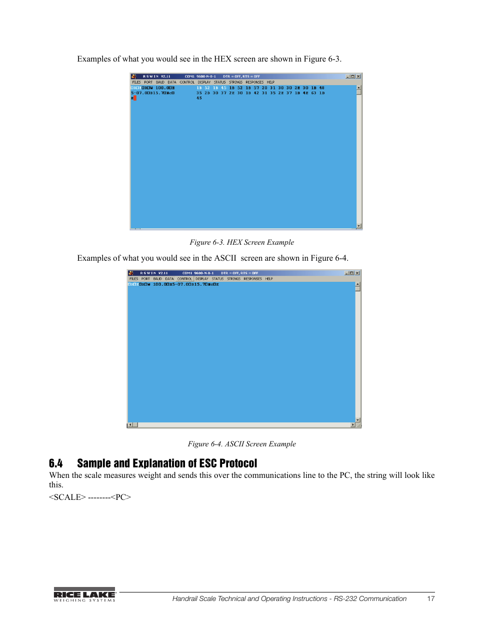 4 sample and explanation of esc protocol | Rice Lake Bariatric/Handrail Scale (240-10) User Manual | Page 21 / 32