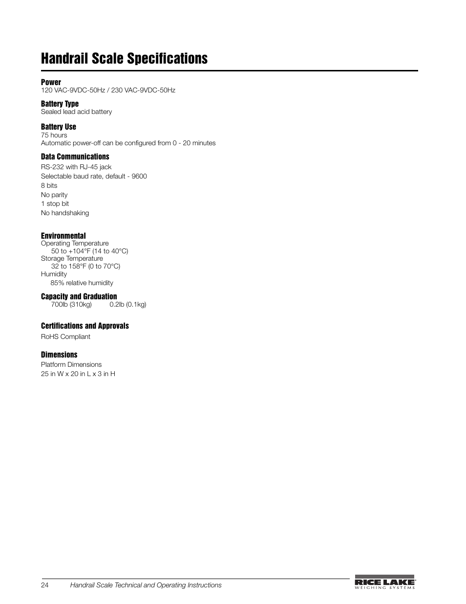 Handrail scale specifications | Rice Lake Bariatric/Handrail Scale (240-10) User Manual | Page 28 / 32