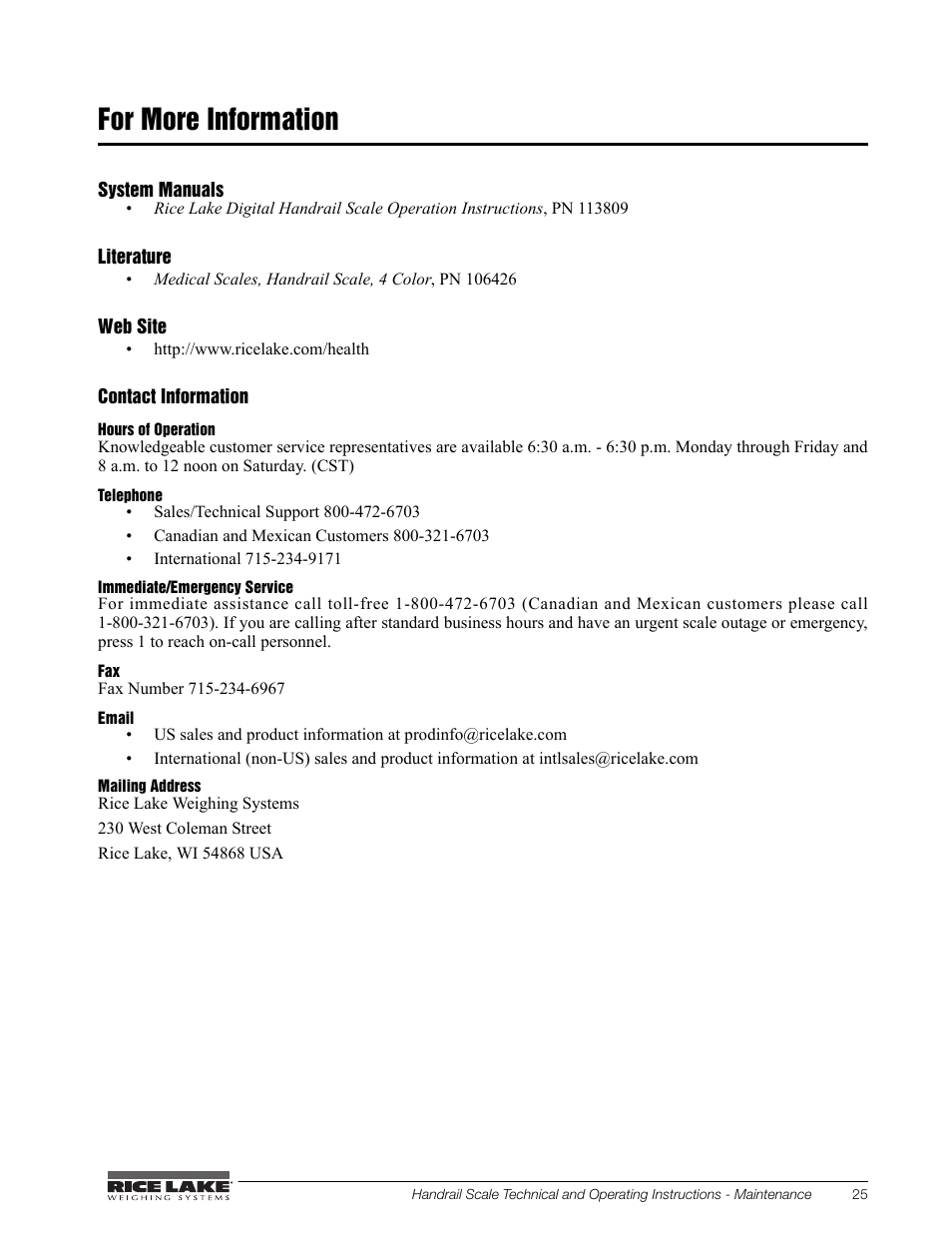 For more information | Rice Lake Bariatric/Handrail Scale (240-10) User Manual | Page 29 / 32