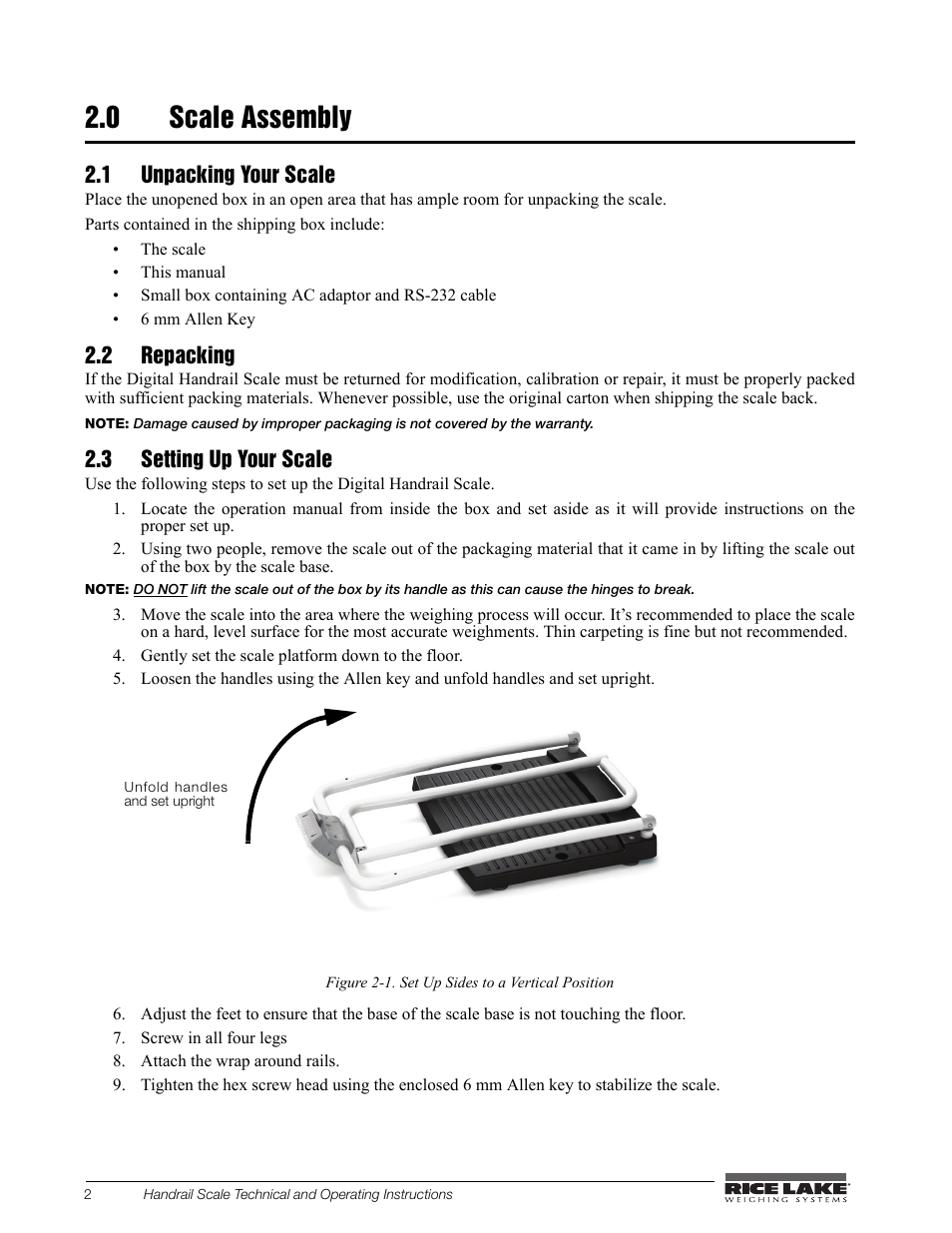 0 scale assembly, 1 unpacking your scale, 2 repacking | 3 setting up your scale | Rice Lake Bariatric/Handrail Scale (240-10) User Manual | Page 6 / 32