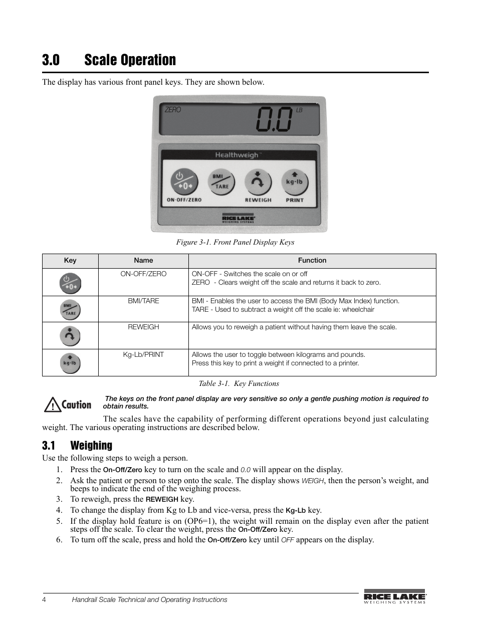 0 scale operation, 1 weighing, Aution | Rice Lake Bariatric/Handrail Scale (240-10) User Manual | Page 8 / 32